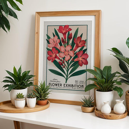 Lisbon Oleander Botanical Print, Vintage Floral Wall Art | Botanical Poster Gift for Plant Moms, Retro Portugal Flower Decor