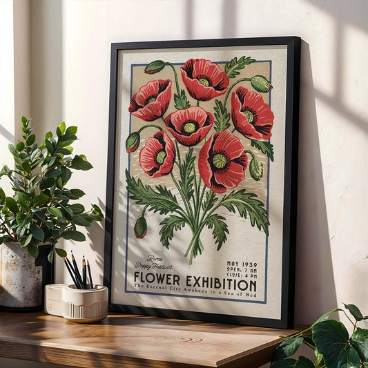 Flower Market Poppy Print, Retro Rome Italy Flower Art | Flower Market Print | Vintage Boho Botanical Poster, Mid Century Italy Floral Art