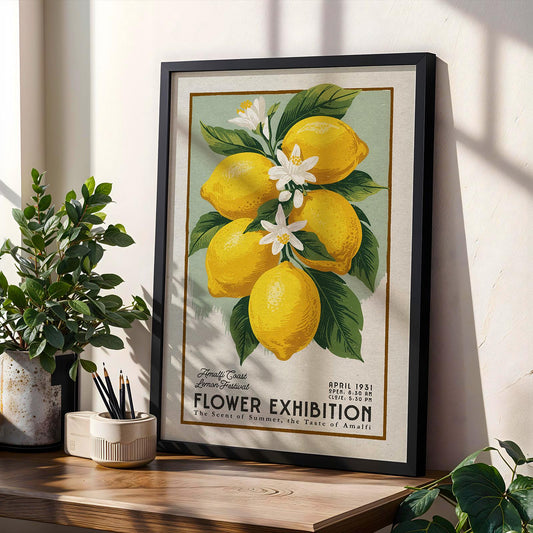 Flower Market Amalfi Lemon Print, Retro Amalfi Coast Wall Art | Flower Market Print | Boho Italy Decor, Vintage Lemon Print For Kitchen