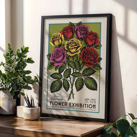 Flower Market Rose Print, Retro Paris Flower Art | Flower Market Print | Vintage Boho Botanical Poster, Mid Century Paris Floral Art