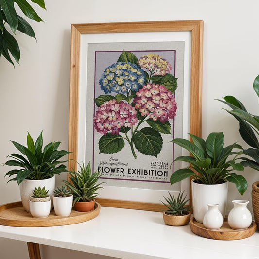 Porto Hydrangeas Botanical Print, Retro Floral Wall Poster | Botanical Wall Art for Plant Lover Gift, Vintage Portugal Flower Decor