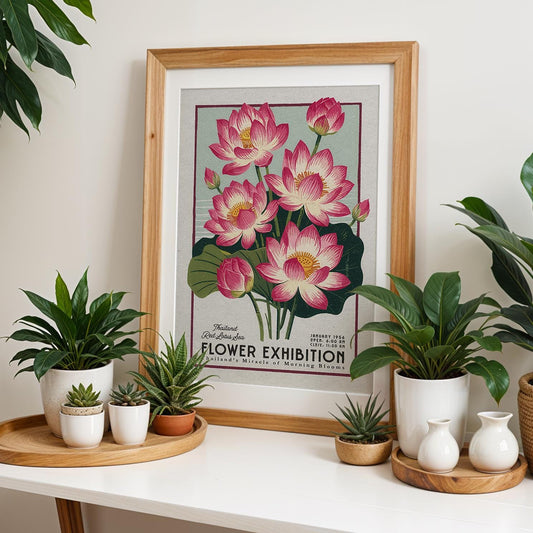 Thailand Lotus Botanical Art, Vintage Floral Poster for Plant Dads | Boho Botanical Wall Decor, Red Lotus Sea Flower Print