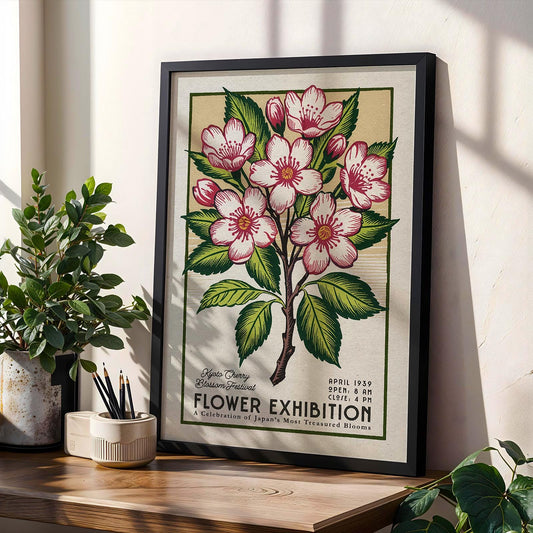Flower Market Cherry Blossom Print, Retro Kyoto Flower Art | Flower Market Print | Colorful Botanical Art, Vintage Cherry Blossom Wall Decor