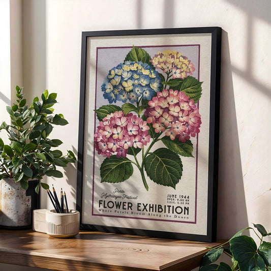 Flower Market Hydrangea Print, Retro Portugal Flower Art | Flower Market Print | Vintage Botanical Poster, Mid Century Portugal Floral Art