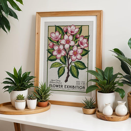 Kyoto Cherry Blossom Botanical Art, Japanese Floral Wall Decor | Mid Century Botanical Poster for Plant Lovers, Vintage Japan Print