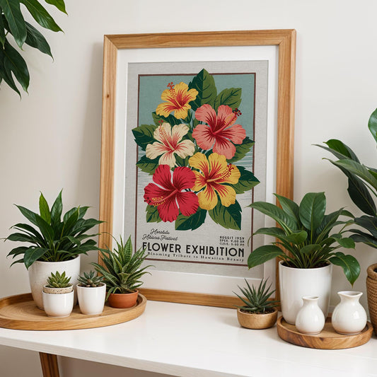 Hawaii Hibiscus Botanical Art Print, Vintage Floral Wall Poster | Tropical Botanical Decor for Plant Ladies, Retro Garden-Inspired Gift
