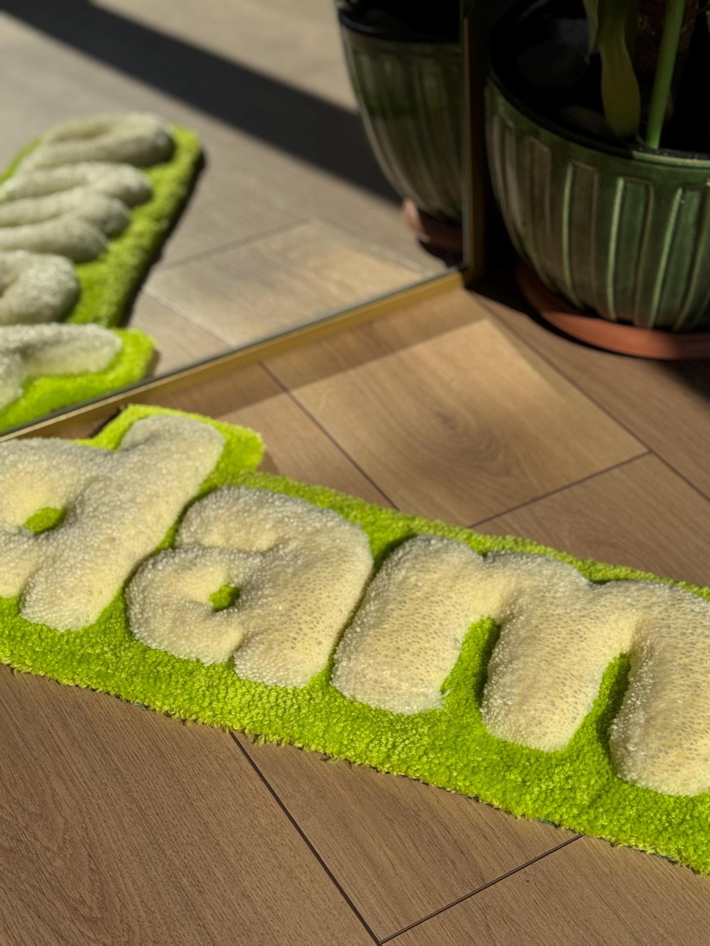 Handmade Damn Tufted Rug Green Beige Text Carpet Funky Modern Aesthetic Soft Floor Mat Cool Room Dorm Decor 80x30cm Gift Idea