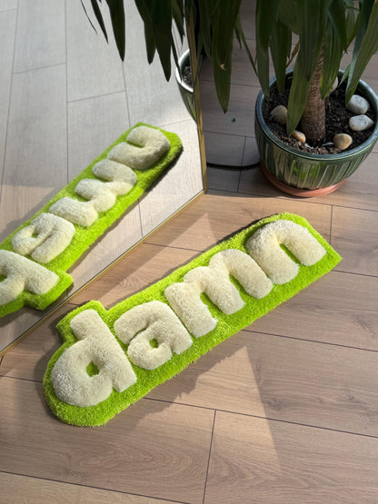 Handmade Damn Tufted Rug Green Beige Text Carpet Funky Modern Aesthetic Soft Floor Mat Cool Room Dorm Decor 80x30cm Gift Idea
