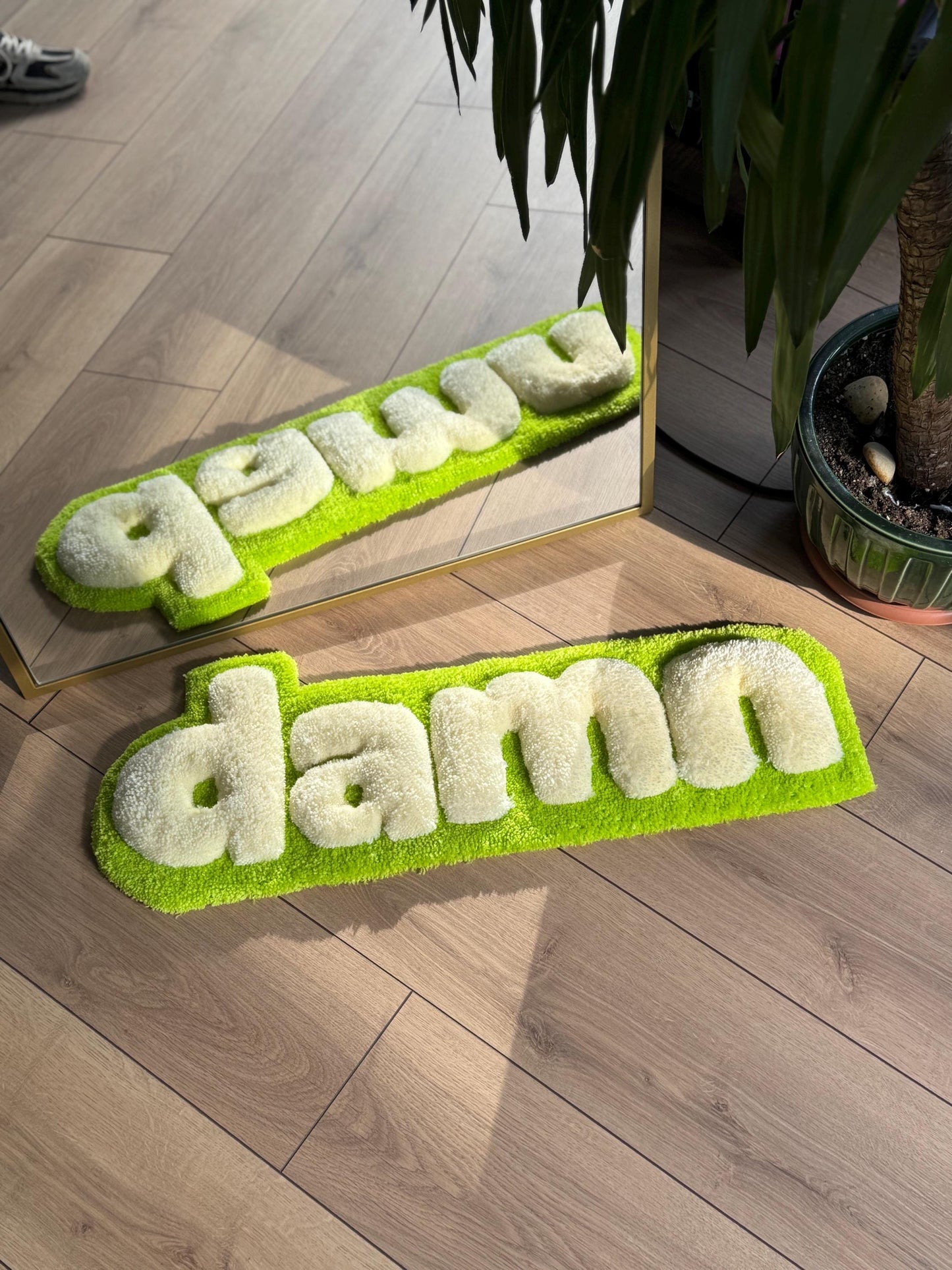 Handmade Damn Tufted Rug Green Beige Text Carpet Funky Modern Aesthetic Soft Floor Mat Cool Room Dorm Decor 80x30cm Gift Idea