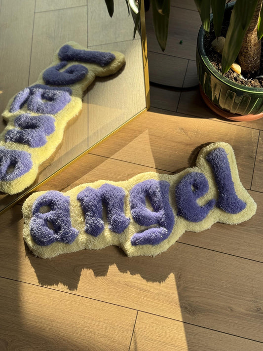 Handmade Angel Tufted Rug 3D Text Carpet Purple Beige Soft Floor Mat Cute Aesthetic Room Dorm Decor 65x25cm Gift Idea