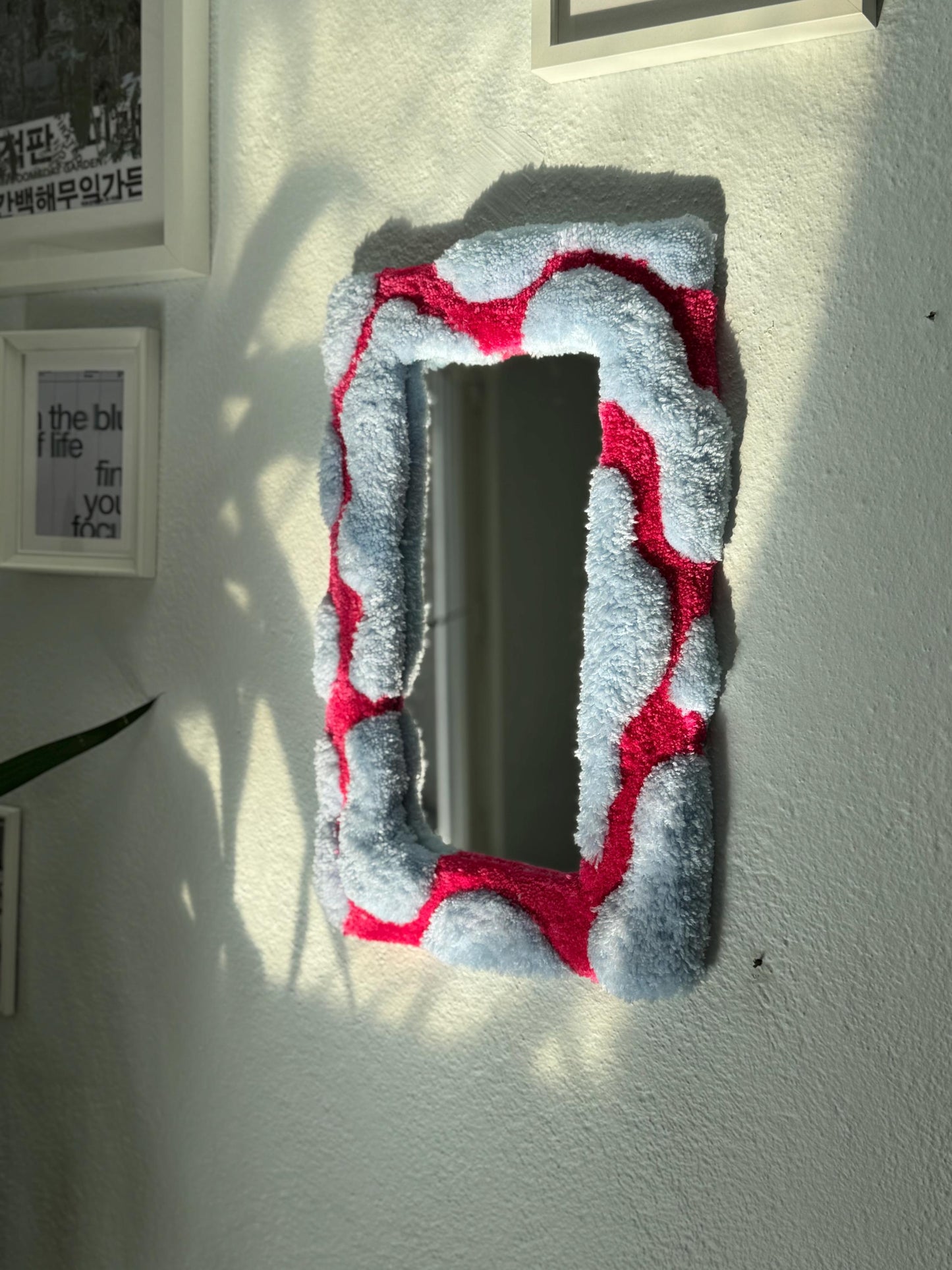 Handmade Tufted Mirror 3D Frame Wall Decor Blue and Pink Soft Funky Accent Mirror Modern Retro Home Design 55x35cm