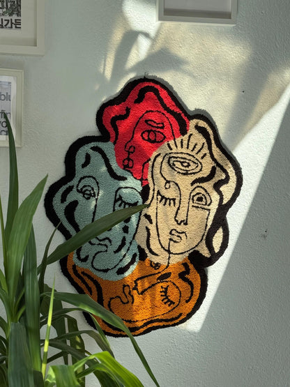 Handmade Tufted Rug Abstract Faces Colorful Wall Hanging Carpet Modern Art Design Home Decor with Hanging Back 75x60cm