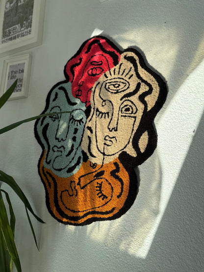 Handmade Tufted Rug Abstract Faces Colorful Wall Hanging Carpet Modern Art Design Home Decor with Hanging Back 75x60cm