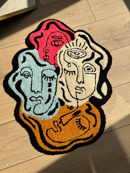 Handmade Tufted Rug Abstract Faces Colorful Wall Hanging Carpet Modern Art Design Home Decor with Hanging Back 75x60cm