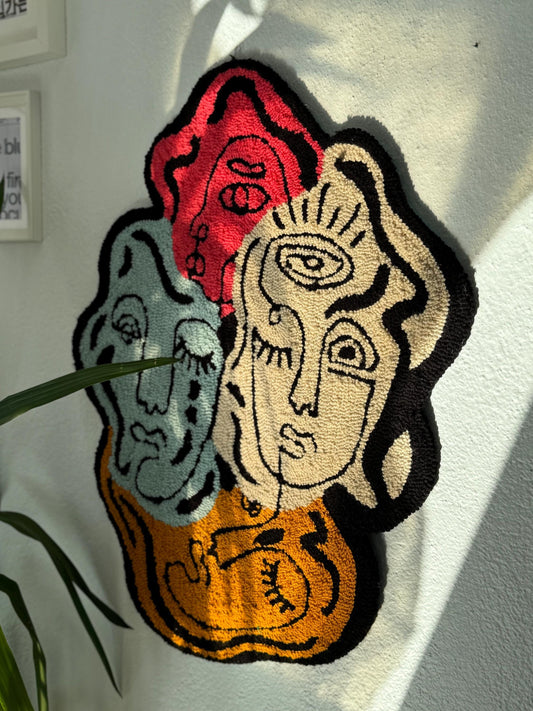 Handmade Tufted Rug Abstract Faces Colorful Wall Hanging Carpet Modern Art Design Home Decor with Hanging Back 75x60cm