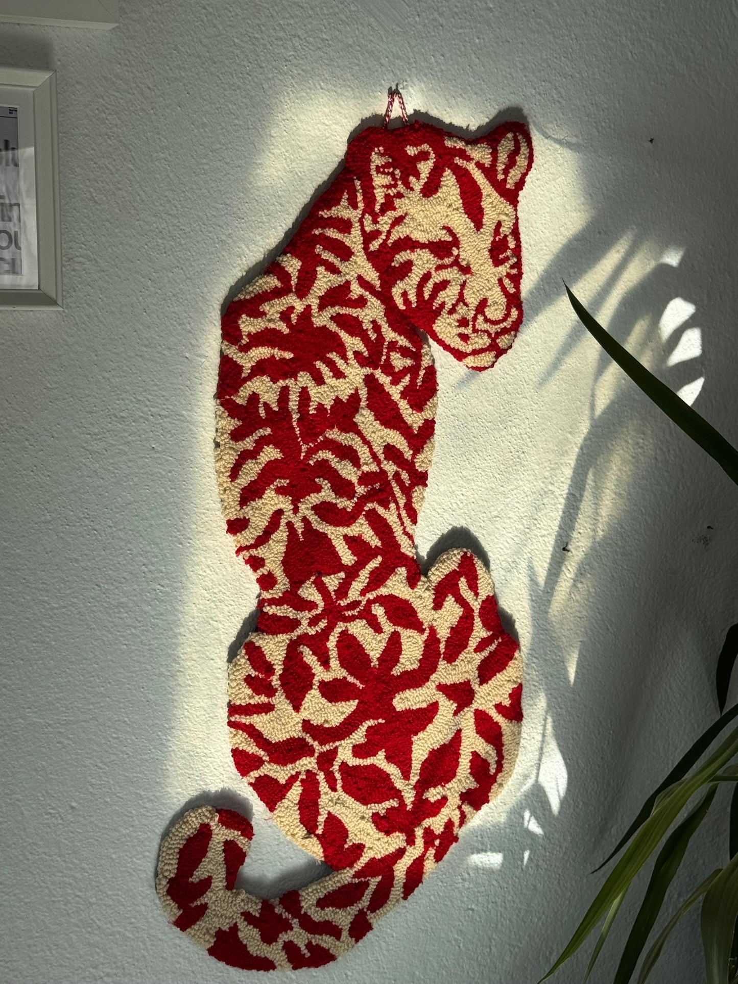 Handmade Tufted Rug Tiger Inspired Big Cat Silhouette Red White Floral Pattern Unique Animal Shaped Carpet