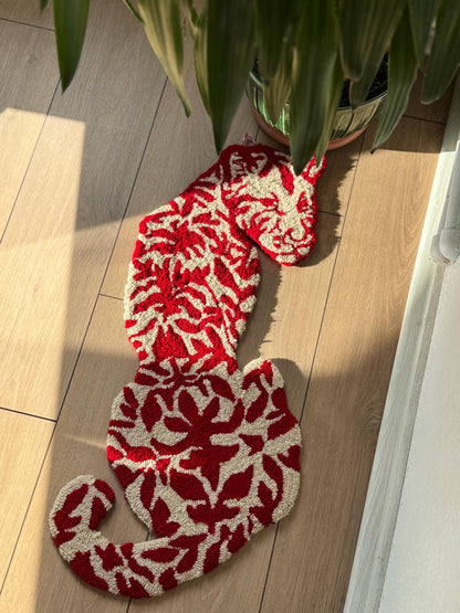 Handmade Tufted Rug Tiger Inspired Big Cat Silhouette Red White Floral Pattern Unique Animal Shaped Carpet