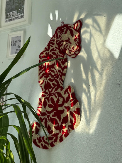 Handmade Tufted Rug Tiger Inspired Big Cat Silhouette Red White Floral Pattern Unique Animal Shaped Carpet