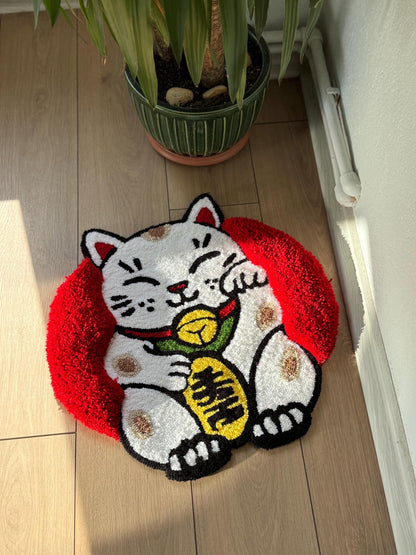 Handmade 3D Tufted Lucky Cat Rug – Maneki Neko Welcome Mat, Japanese Style Decorative Carpet, Kawaii Home Decor for Entryway