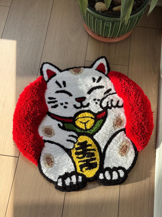 Handmade 3D Tufted Lucky Cat Rug – Maneki Neko Welcome Mat, Japanese Style Decorative Carpet, Kawaii Home Decor for Entryway