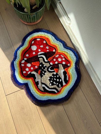 Handmade 3D Tufted Mushroom Rug – Psychedelic Rainbow Toadstool Carpet, Boho Trippy Home Decor
