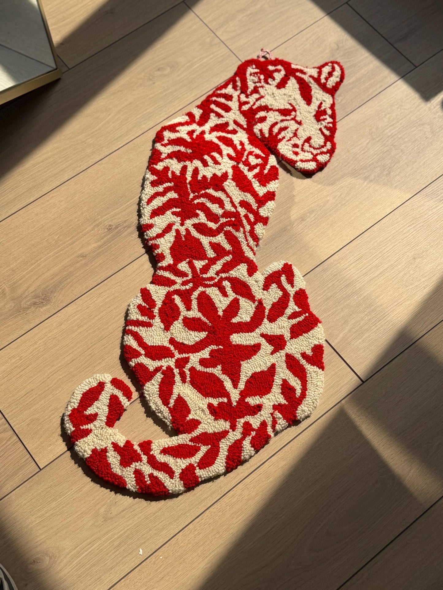 Handmade Tufted Rug Tiger Inspired Big Cat Silhouette Red White Floral Pattern Unique Animal Shaped Carpet