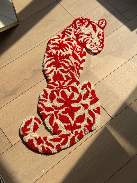 Handmade Tufted Rug Tiger Inspired Big Cat Silhouette Red White Floral Pattern Unique Animal Shaped Carpet