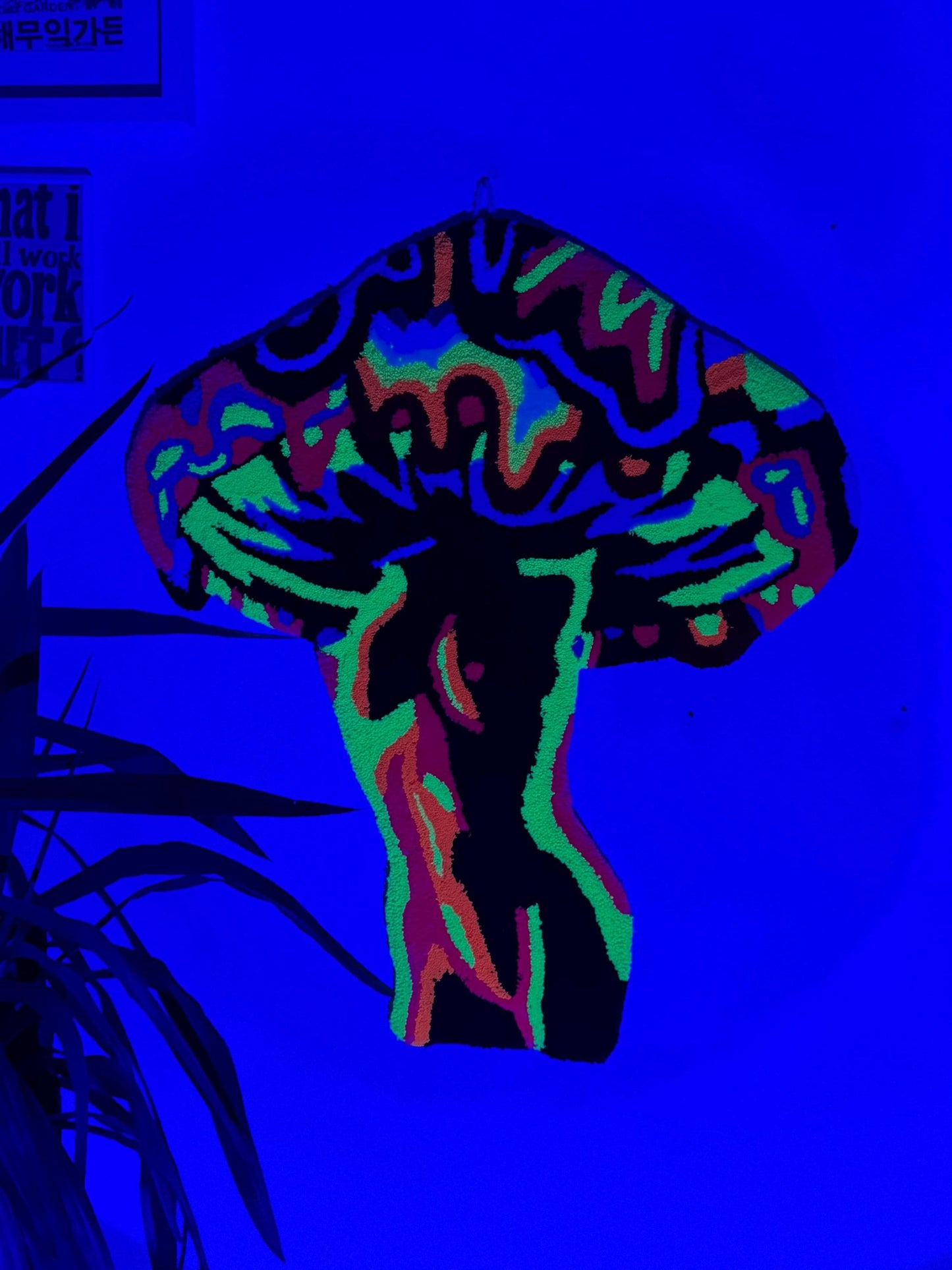 Glow in the Dark Mushroom Woman Rug – Handmade 3D Tufted Psychedelic UV Reactive Wall Art & Floor Carpet