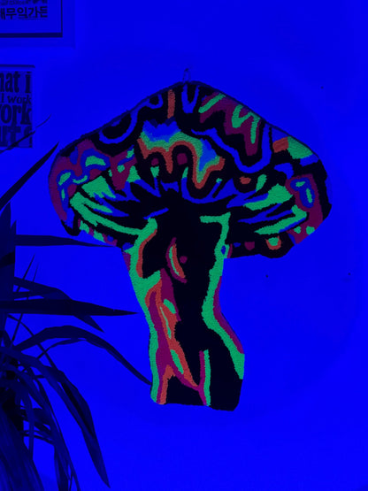 Glow in the Dark Mushroom Woman Rug – Handmade 3D Tufted Psychedelic UV Reactive Wall Art & Floor Carpet