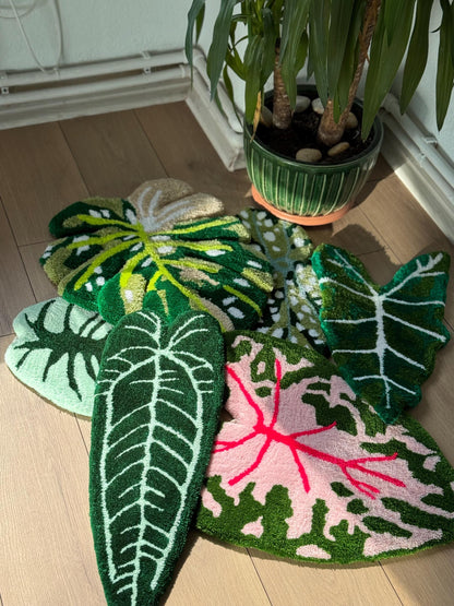 Handmade Tropical Leaf Rug Wall Decor Set – Monstera, Caladium & Alocasia Tufted Rugs – Botanical Plant Lover Gift