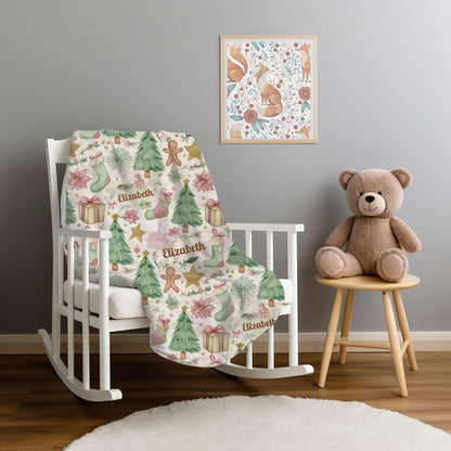 Custom Christmas Name Blanket, Personalized Holiday Blanket with Name, Cute Christmas Tree Gingerbread Gift, Gift for Family Kid's Keepsake