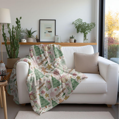 Custom Christmas Name Blanket, Personalized Holiday Blanket with Name, Cute Christmas Tree Gingerbread Gift, Gift for Family Kid's Keepsake