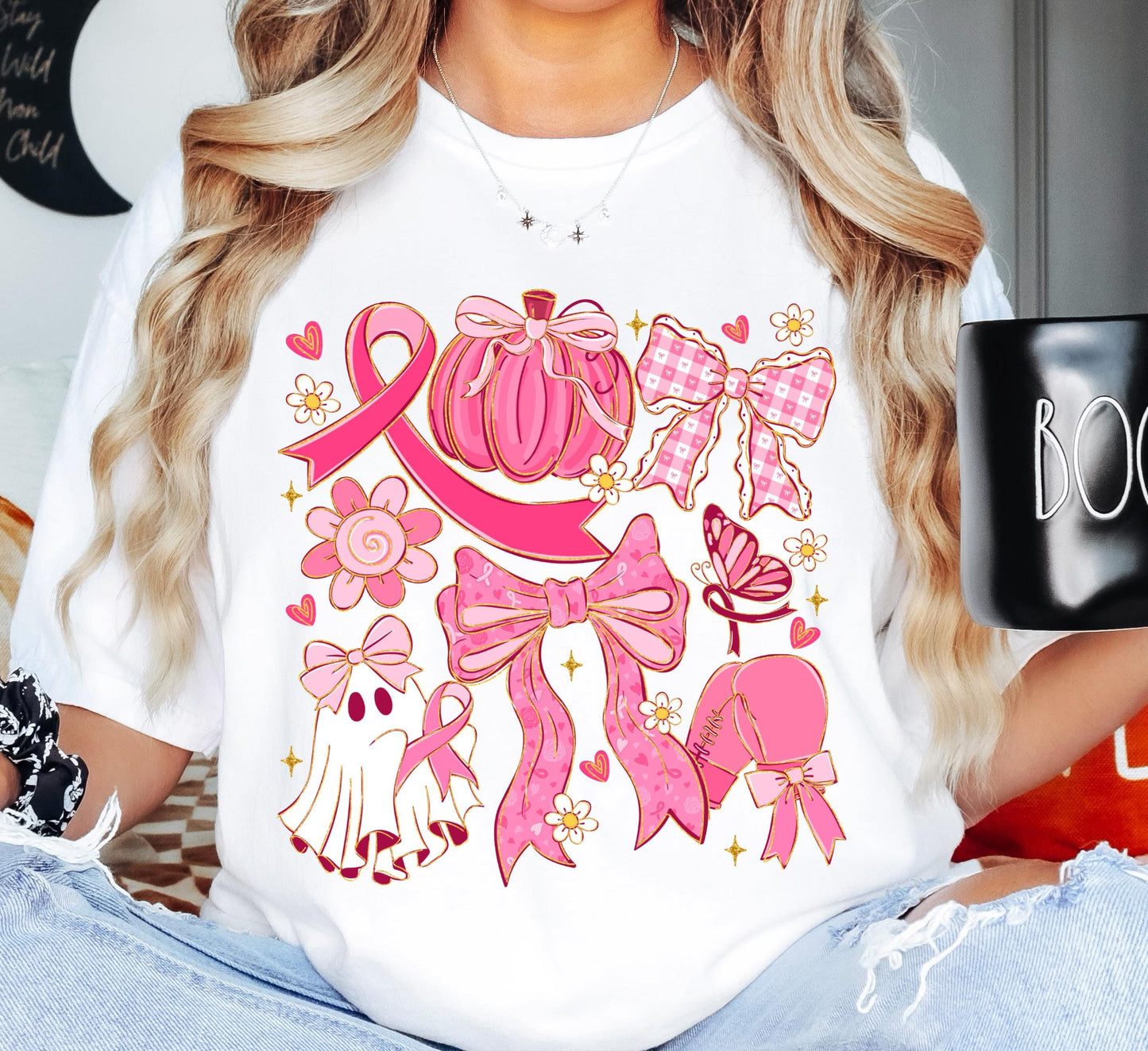 Breast Cancer Shirt, Ribbon Coquette Bow Shirt, Pink Pumpkin Sweatshirt, Cancer Ghost Coquette, Pink Bow Boxing Gloves Cancer Awareness Tee