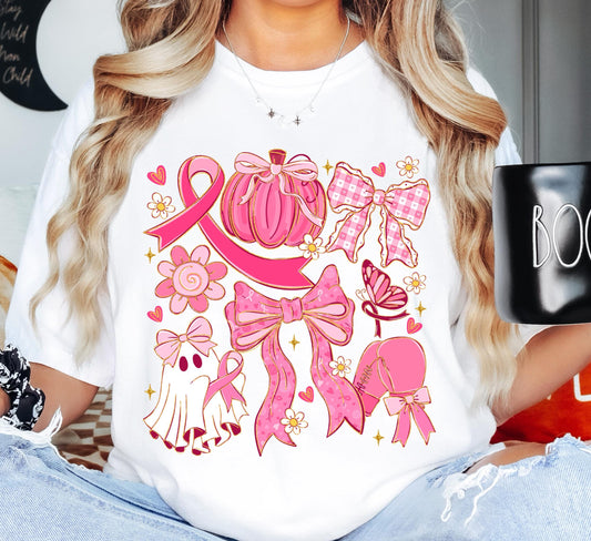Breast Cancer Shirt, Ribbon Coquette Bow Shirt, Pink Pumpkin Sweatshirt, Cancer Ghost Coquette, Pink Bow Boxing Gloves Cancer Awareness Tee