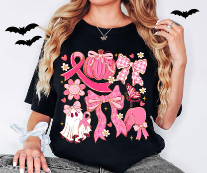Breast Cancer Shirt, Ribbon Coquette Bow Shirt, Pink Pumpkin Sweatshirt, Cancer Ghost Coquette, Pink Bow Boxing Gloves Cancer Awareness Tee
