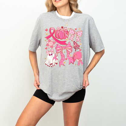 Breast Cancer Shirt, Ribbon Coquette Bow Shirt, Pink Pumpkin Sweatshirt, Cancer Ghost Coquette, Pink Bow Boxing Gloves Cancer Awareness Tee
