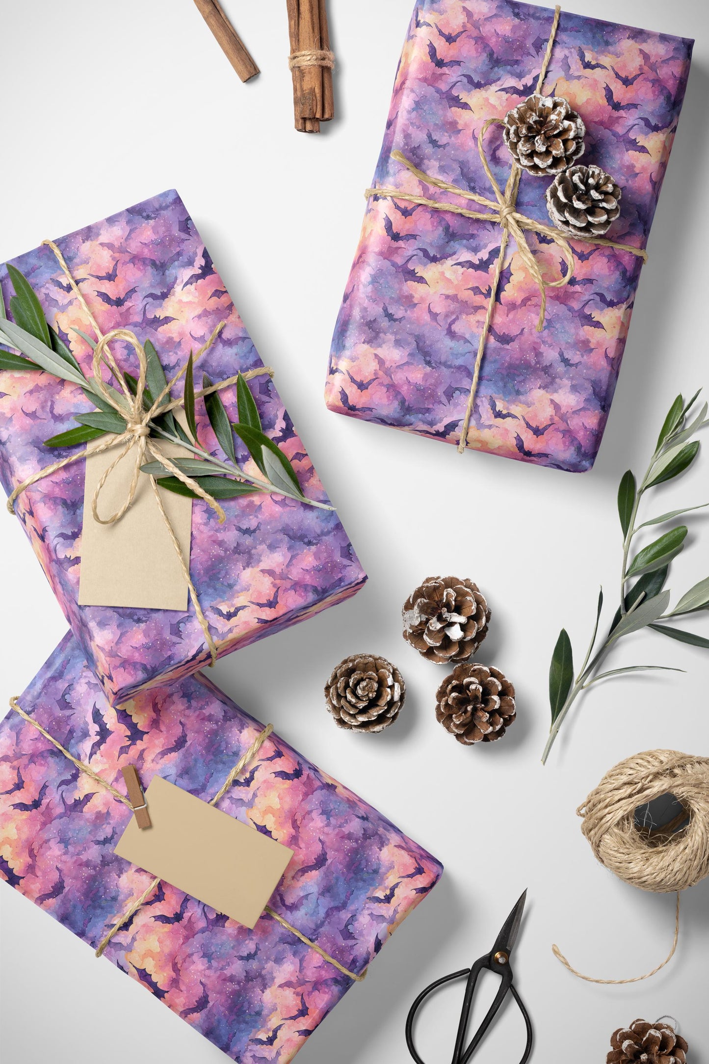 Pastel Goth Halloween Wrapping Paper Roll Watercolor Creepy Cute Ghost Bat Witch Starry Night Design #4