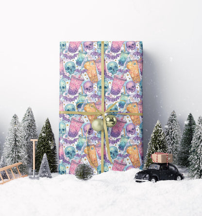 Pastel Goth Halloween Wrapping Paper Roll Watercolor Ghost Bat Skeleton Stars Witchy Alternative #11