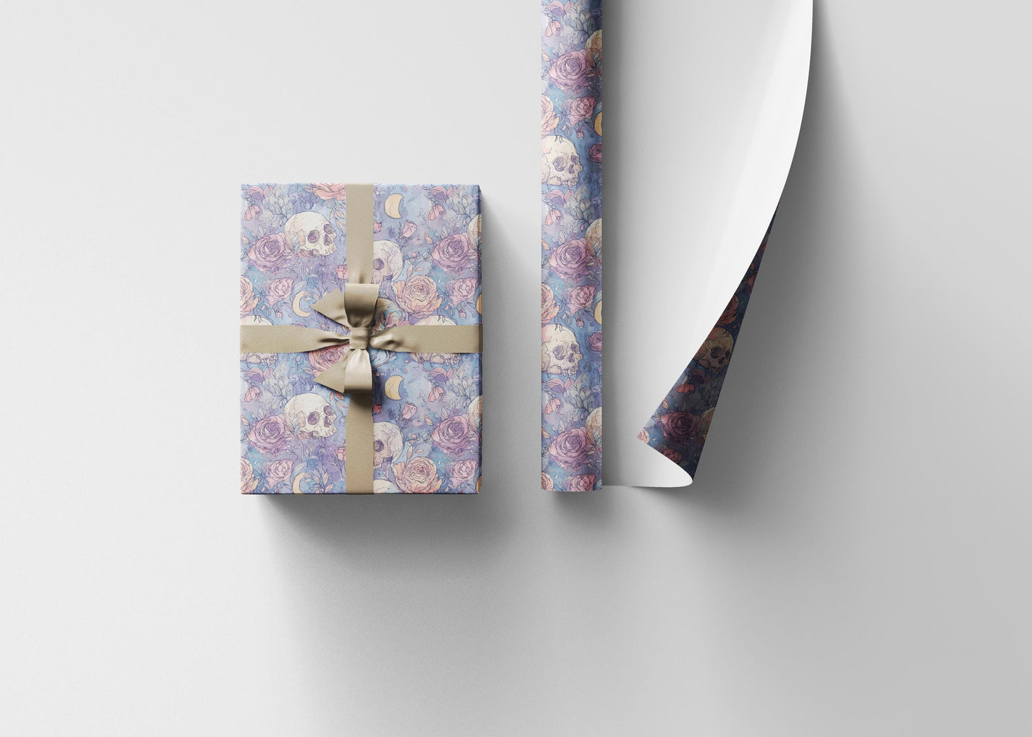 Pastel Goth Halloween Wrapping Paper Roll Watercolor Cute Spooky Ghost Bat Moon Stars Design #9