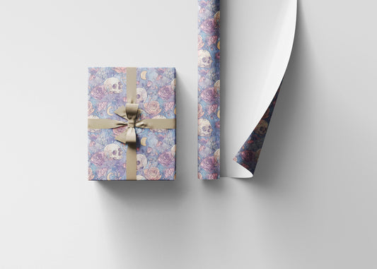 Pastel Goth Halloween Wrapping Paper Roll Watercolor Cute Spooky Ghost Bat Moon Stars Design #9