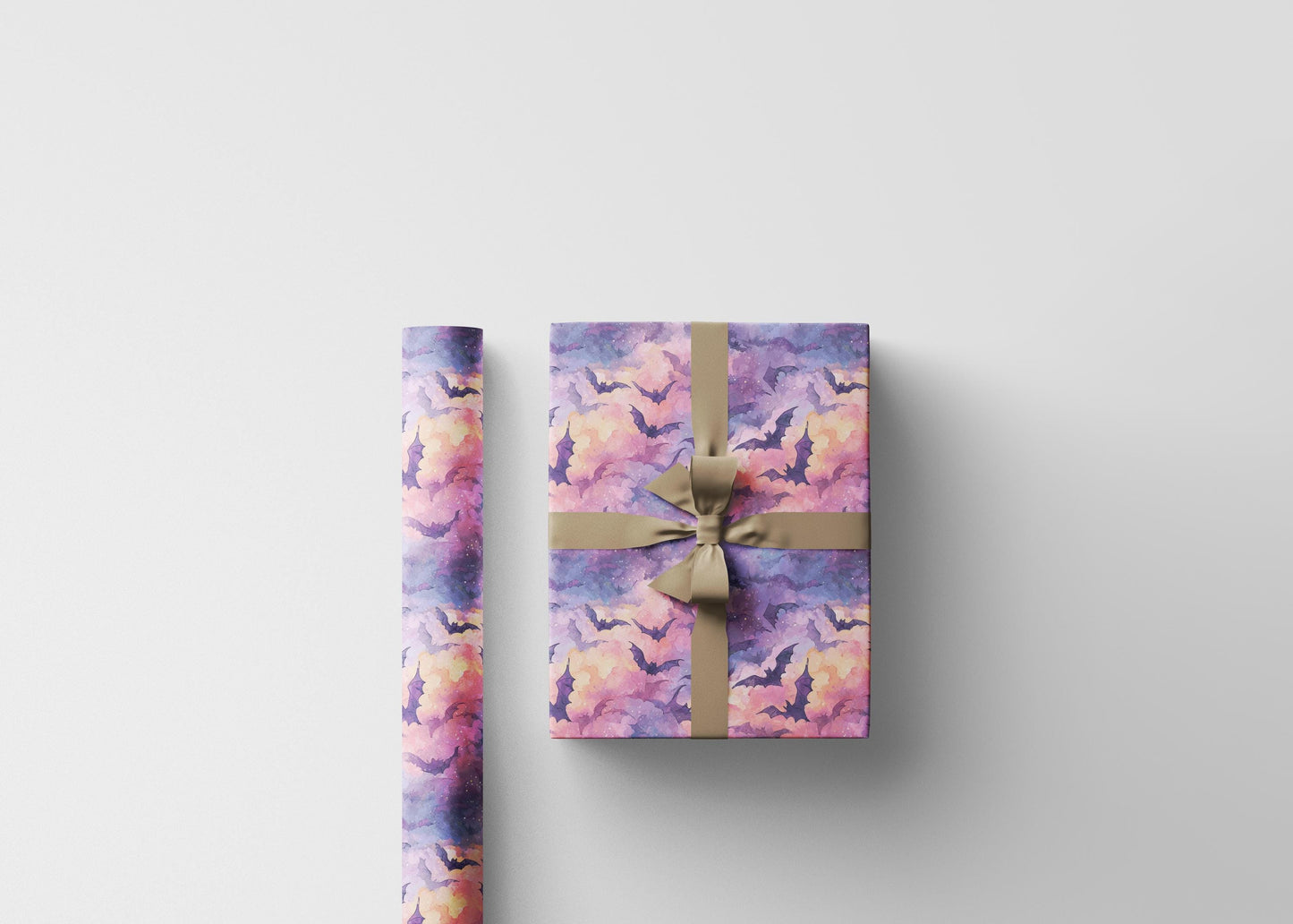 Pastel Goth Halloween Wrapping Paper Roll Watercolor Creepy Cute Ghost Bat Witch Starry Night Design #4