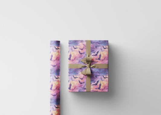 Pastel Goth Halloween Wrapping Paper Roll Watercolor Creepy Cute Ghost Bat Witch Starry Night Design #4