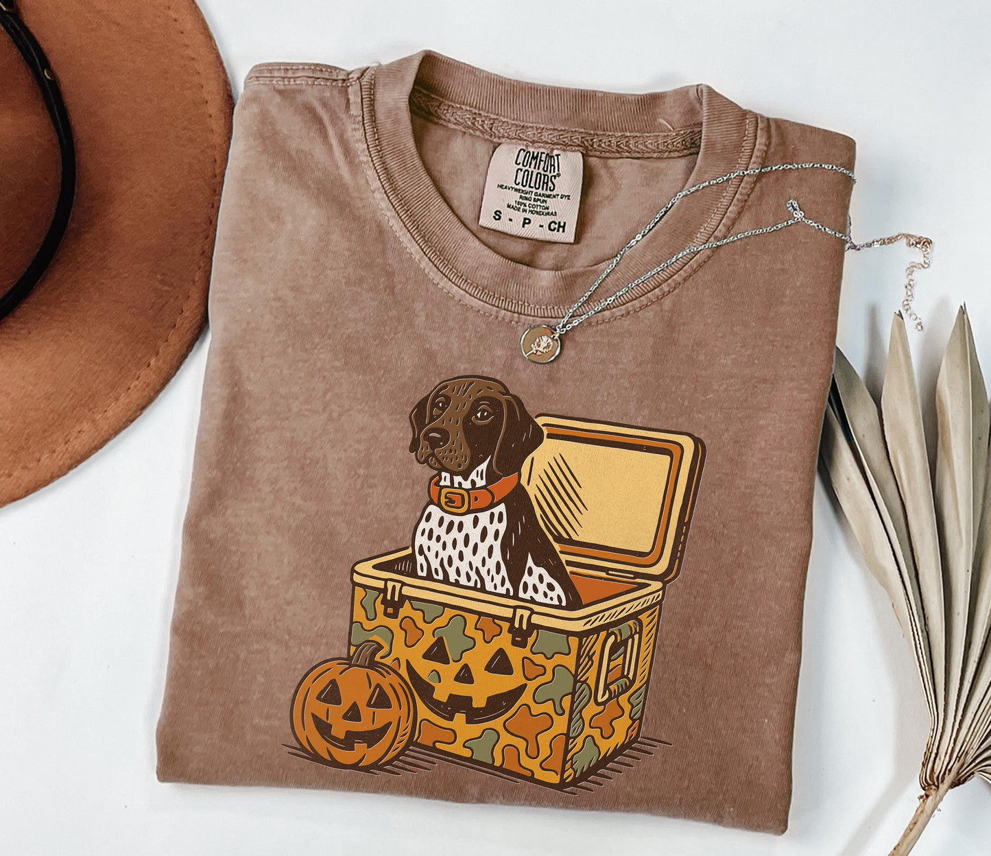 Comfort Colors® German Shorthair Pointer Halloween Shirt, Dog in Camo Cooler with Pumpkin Face Shirt, Fall Hunting, Spooky Halloween Shirt