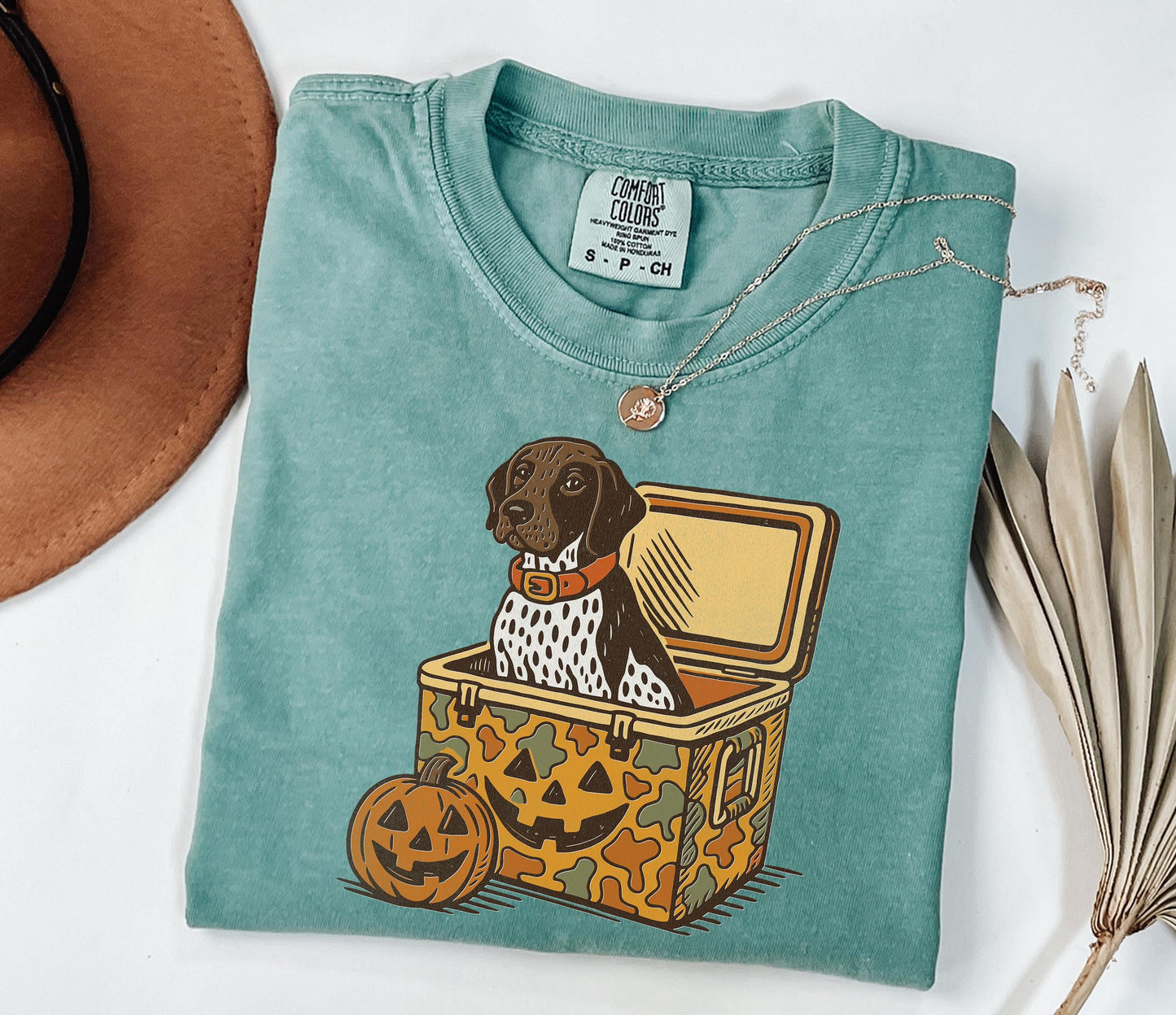 Comfort Colors® German Shorthair Pointer Halloween Shirt, Dog in Camo Cooler with Pumpkin Face Shirt, Fall Hunting, Spooky Halloween Shirt