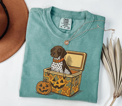 Comfort Colors® German Shorthair Pointer Halloween Shirt, Dog in Camo Cooler with Pumpkin Face Shirt, Fall Hunting, Spooky Halloween Shirt