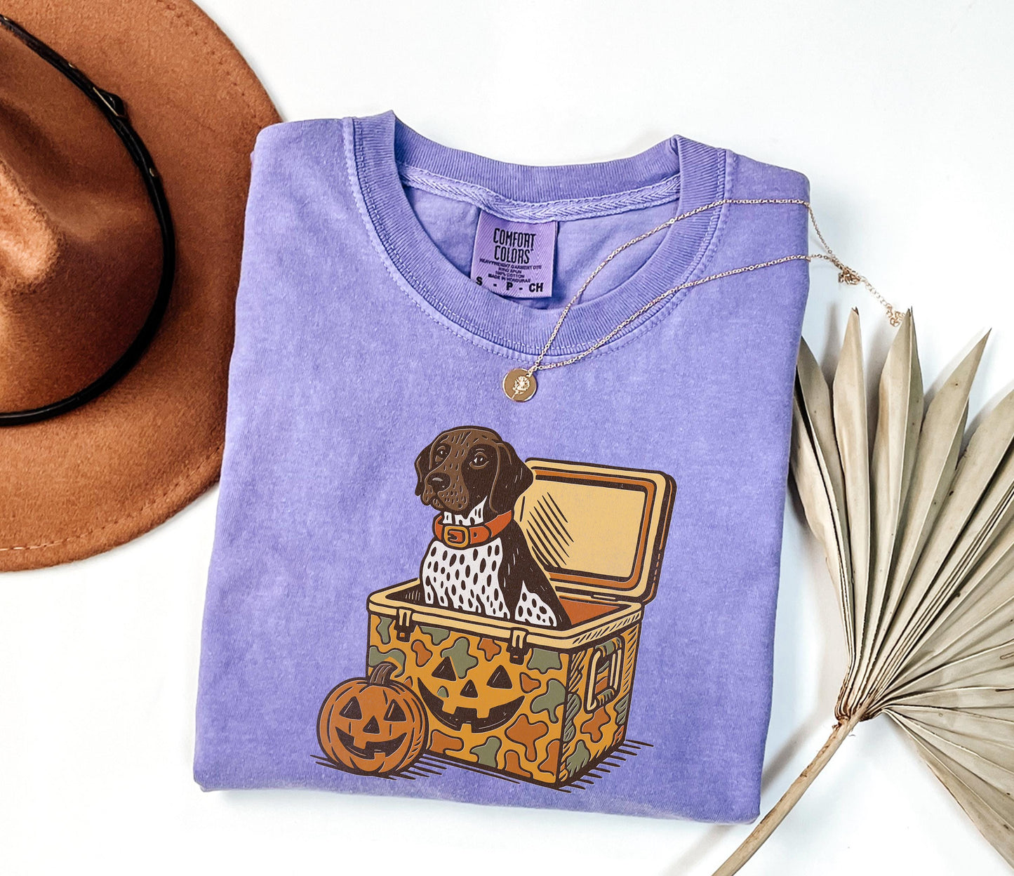 Comfort Colors® German Shorthair Pointer Halloween Shirt, Dog in Camo Cooler with Pumpkin Face Shirt, Fall Hunting, Spooky Halloween Shirt