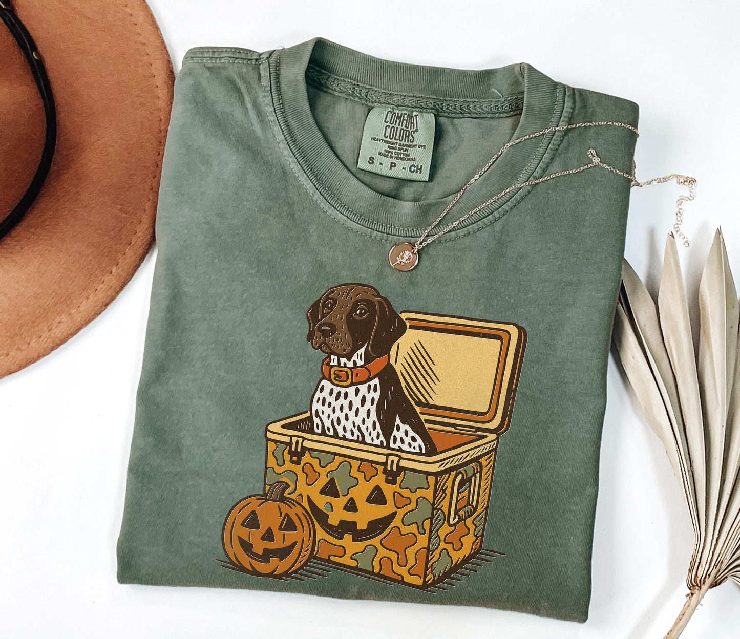 Comfort Colors® German Shorthair Pointer Halloween Shirt, Dog in Camo Cooler with Pumpkin Face Shirt, Fall Hunting, Spooky Halloween Shirt