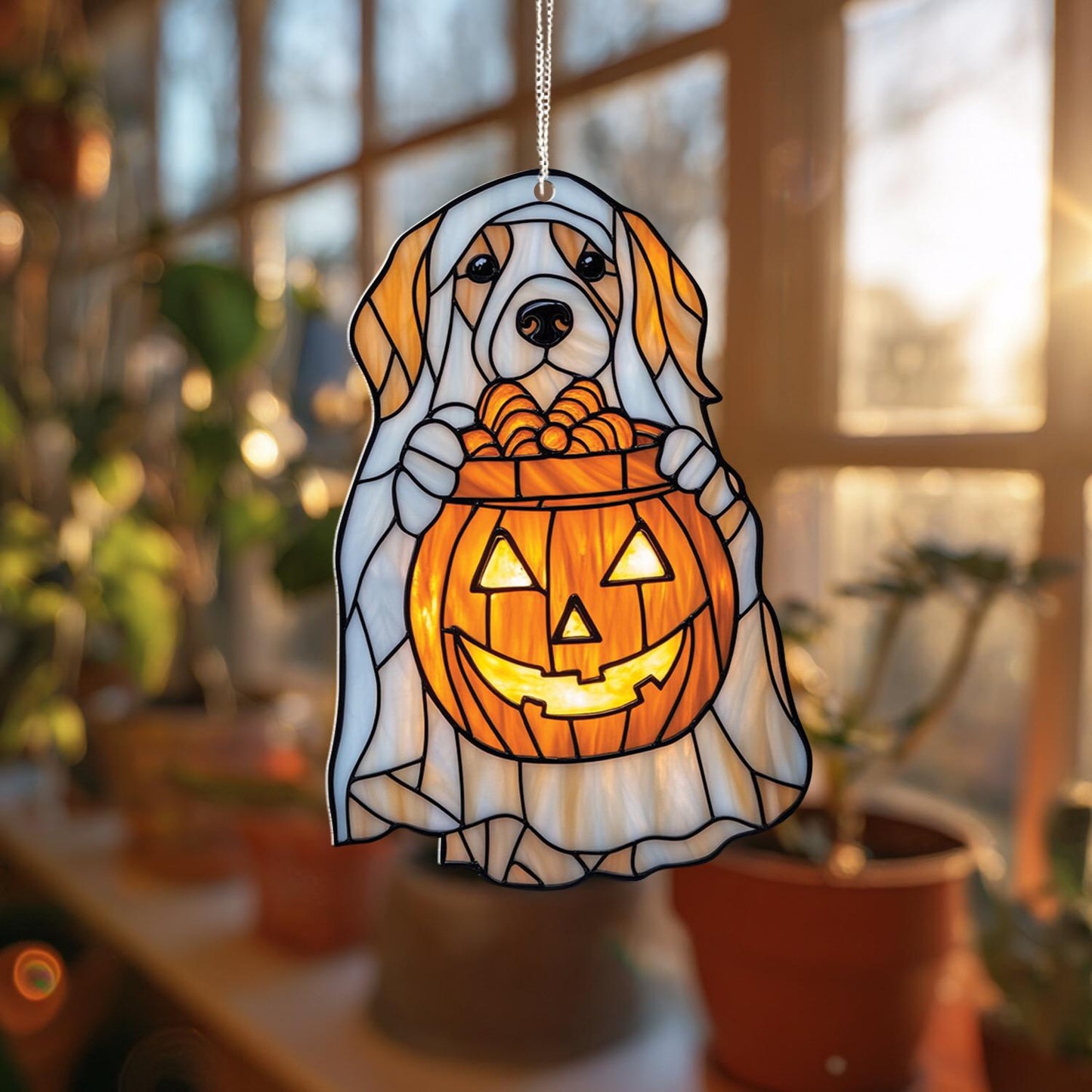 Dog Pumpkin Window Hanging, Halloween Acrylic Decor with Beagle in Ghost Costume, Cute Fall Jack O’Lantern Ornament for Pet Lovers
