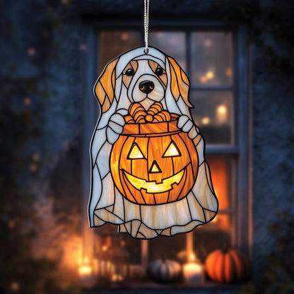 Dog Pumpkin Window Hanging, Halloween Acrylic Decor with Beagle in Ghost Costume, Cute Fall Jack O’Lantern Ornament for Pet Lovers