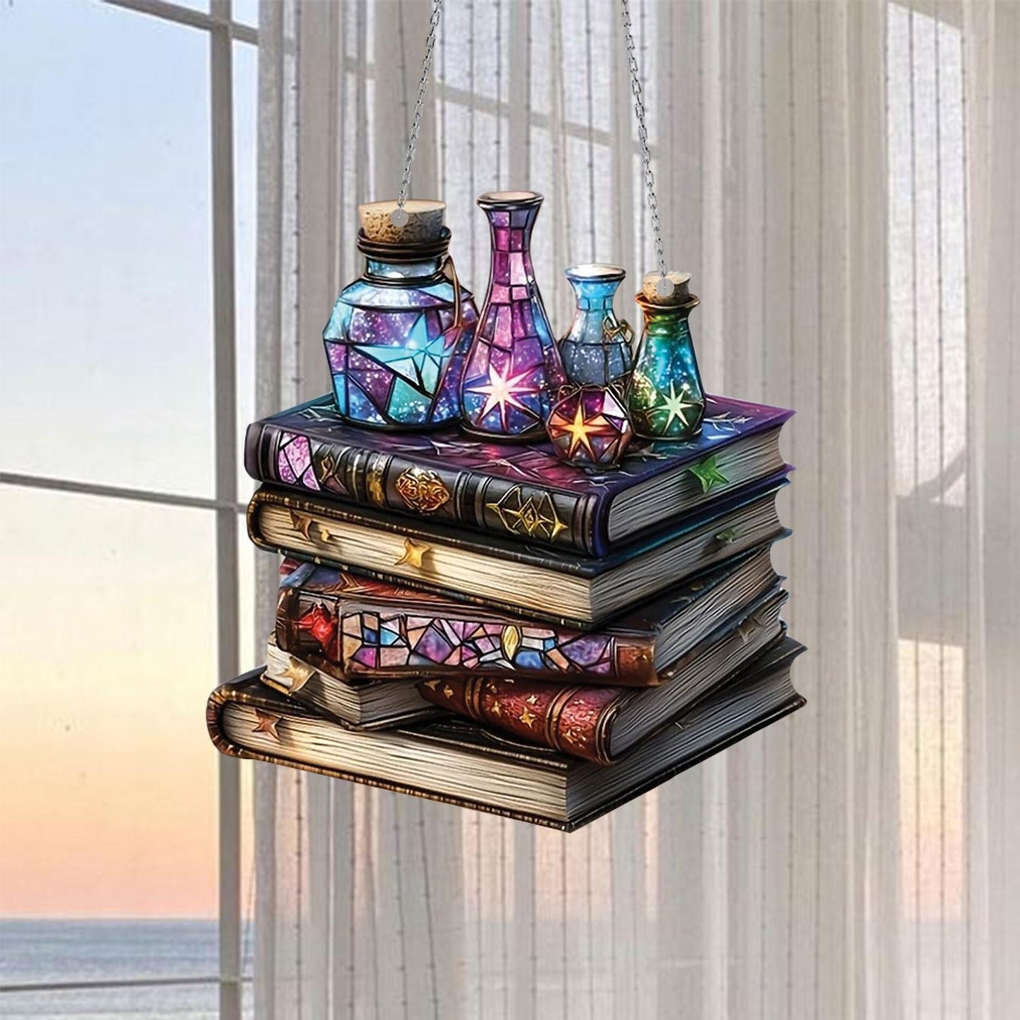 Magical Potion Books Window Hanging Decor – Fantasy Witchy Room Aesthetic, Book Lover Gift, Wizard Alchemy Shelf Decor for Home & Office